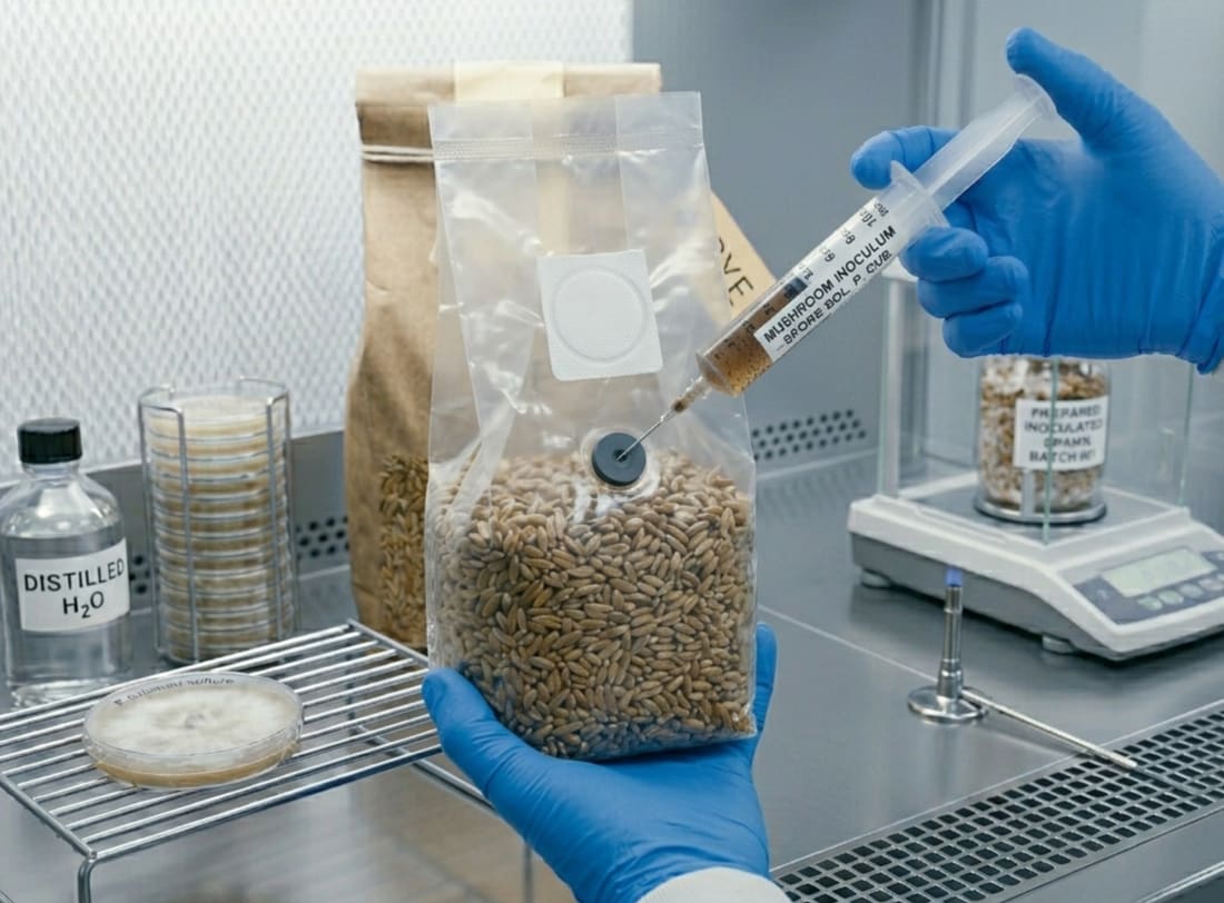 Gloved hands holding a syringe, needle touching the injection port of a sealed substrate bag.