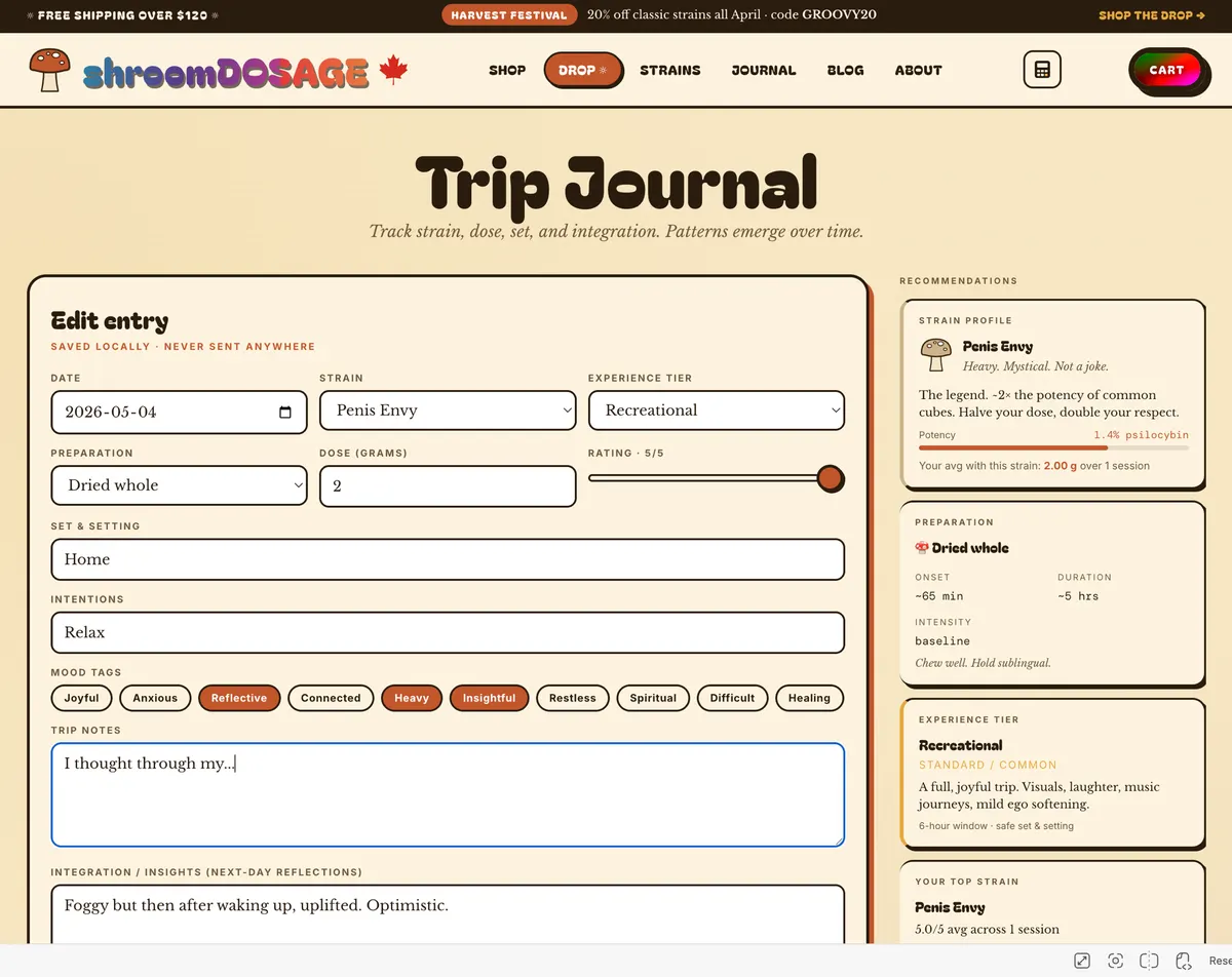 The shroomDOSAGE Trip Journal showing an active entry with strain selector, dose field, mood tags, trip notes, and the recommendations sidebar displaying strain potency, preparation details, and experience tier
